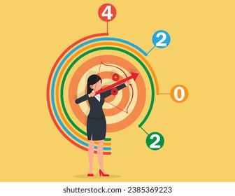 2024 New Year business goals. businesswoman archery percentage arrow high up