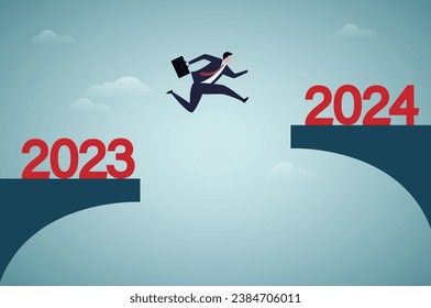 2024 new year. Businessman jumping to higher stage.