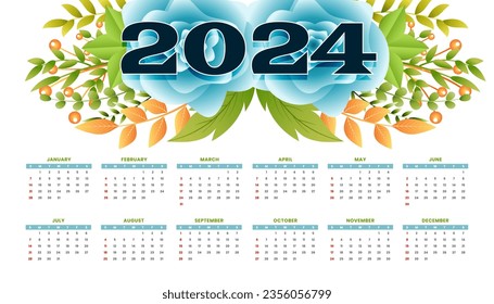 2024 new year calendar background with floral decoration vector