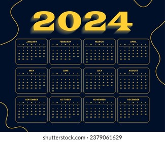 2024 new year calendar blue template with fluid design vector