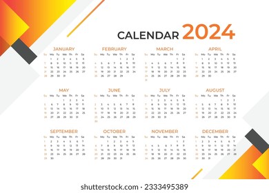 2024 new year calendar template in modern style. Week starts on Sunday. Minimalist style calendar