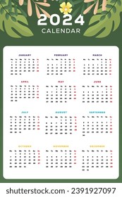 2024 new year calendar template with leaves illustration