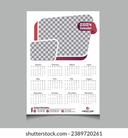 2024 Vorlage für Neujahrskalender. Einfachere und saubere Kalendergestaltung 2024. Kalenderdesign 2024 Vektorgrafik. 2024 Schreibtischkalender-Notizblock auf hellgrauem Hintergrund.