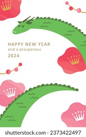 2024 New year card design. Cute flying dragon and plum blossom. For greeting cards, posters, flyers and banners etc.