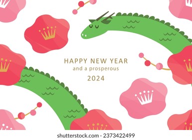 2024 New year card design. Cute flying dragon and plum blossom. For greeting cards, posters, flyers and banners etc.