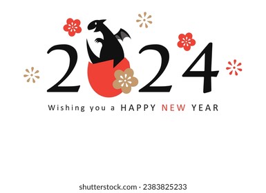 2024 New Year card design. Dragon in egg shell and numbers with flowers. For greeting cards, posters, flyers and banners, etc.