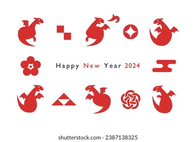 2024 New Year card design. Silhouette of dragon and Japanese auspicious things. For greeting cards, posters, covers, flyers and banners etc.