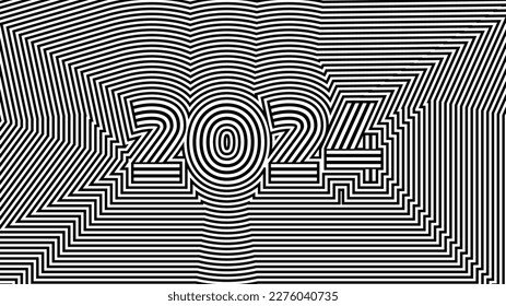 2024 New Year card. Geometric Black and white optical illusion calendar header. Minimal op art. Abstract hypnotic wallpaper. Swiss Design poster with numbers. Modern psychedelic bauhaus pattern.