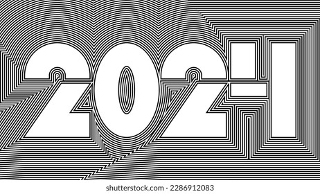 2024 New Year card. Geometric Black and white optical illusion calendar header. Minimal op art. Abstract hypnotic wallpaper. Swiss Design poster with numbers. Modern psychedelic bauhaus pattern.