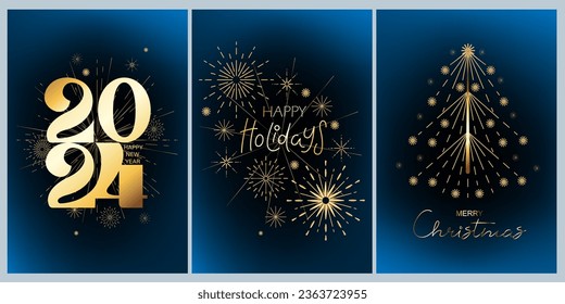 2024 New Year card, invitation design. Geometric line art style. Elegant holiday greeting card with Christmas decor, celligraphic numbers. Golden metallic shiny festive ornament, lines, fireworks.