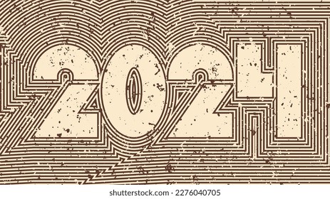 2024 New Year card. Retro 70s striped style. Old faded striped signboard on beach or road. Retro billboard with peeling paint, cracks and scratches.