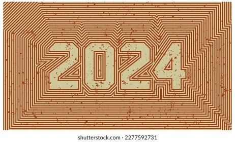 2024 New Year card. Retro 70s striped style. Old faded striped signboard on beach or road. Retro billboard with peeling paint, cracks and scratches.