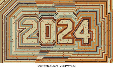 2024 New Year card. Retro 70s striped style. Old faded striped signboard on beach or road. Retro billboard with peeling paint, cracks and scratches.