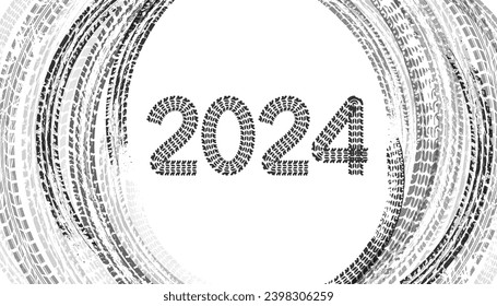 2024 new year card with tire wheel marks of cars. Vector illustration