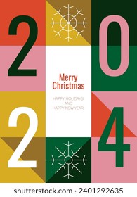 Tarjeta de Año Nuevo 2024. Ilustración vectorial de la celebración de feriados. Postales De Saludo De Temporada De Invierno. Línea de copos de nieve.