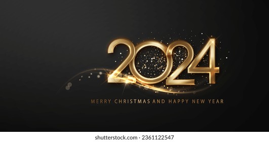 2024 New Year celebrate banner featuring dazzling and shimmering golden glitter.