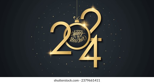 2024 New Year celebration festive banner with handwritten holiday greetings Happy New Year and golden Christmas ball. Glowing lights. Black and gold colors. Vector illustration.