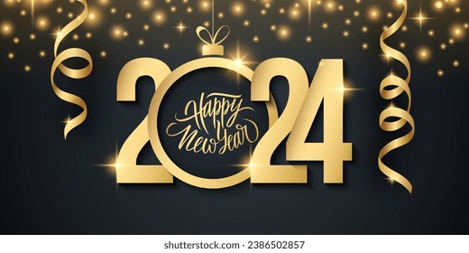 2024 New Year celebration festive banner with handwritten holiday greetings Happy New Year and golden Christmas ball. Glittering sparks. Black and gold colors. Vector illustration.