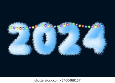 2024 New Year, Christmas. Blue fluffy numbers with a garland on a dark blue background. Decoration for your design, postcard, greeting.