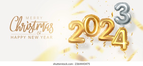 2024 New Year, Christmas. Outgoing year 2023. Realistic 3d style. Golden balloons with numbers and confetti. Vector illustration