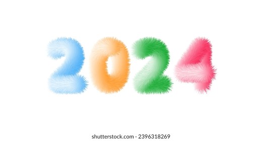 2024 New Year, Christmas. Soft, fluffy cartoon, furry, colorful, realistic figures. Highlighted on a white background. Easily editable.