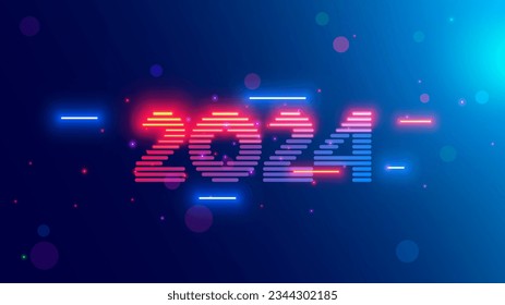 2024 new year, christmas tech background. Year 2024 consist from light neon lamps in dark, hanging in cyberspace. Digits or Number year on celebration banner in new technology style. 2024 logo vision