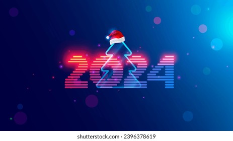 2024 new year. Christmas tree with digital number year in neon light. Celebration banner in computer cyberpunk technology style. Christmas party event poster in tech cyber decoration. 2024 on blue.