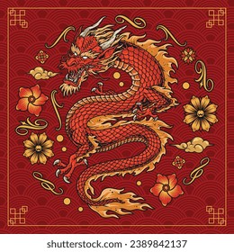 2024 new year colorful poster with flying oriental dragon and flower buds for greeting card design vector illustration