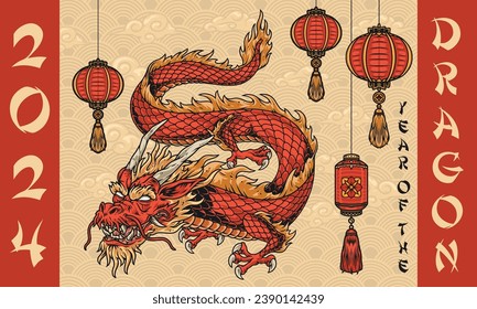 2024 new year colorful poster with Chinese dragon for holiday party decoration in Asian retro style vector illustration
