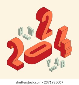 2024 nuevo año concepto decorativo con moderna tipografía retro vintage isométrica. El elemento de diseño puede utilizarse para el fondo, fondo de pantalla, tarjeta, folleto, volante, impresión, ilustración vectorial