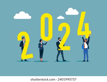 Concepto de Año Nuevo 2024. Equipo de negocios que mantiene el año 2024.  La mejor oportunidad para conseguir un negocio o una carrera. Ilustración vectorial plana