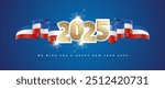 2024 New Year concept design template with golden glitter 2025 front on France blue white red wavy flag ribbon. 2025 premium design vector with light sparkle firework isolated on blue background