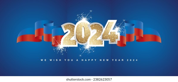 2024 New Year concept design template with golden glitter 2024 front on Haiti blue red wavy flag ribbon. 2024 premium design vector with light sparkle firework isolated on blue background