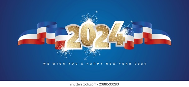 2024 New Year concept design template with golden glitter 2024 front on France blue white red wavy flag ribbon. 2024 premium design vector with light sparkle firework isolated on blue background