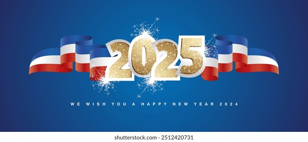 2024 modelo de design de conceito de Ano Novo com dourado glitter 2025 frente na França azul branco vermelho bandeira ondulada fita. 2025 vetor de design premium com fogos de artifício brilho luz isolado no fundo azul