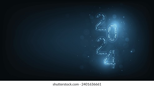 2024 New Year concept. technology style on a dark blue background. New Year card or digital tech calendar poster. Logo of the 2024 year.Futuristic web banner template.  