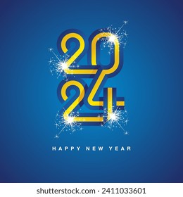 2024 New Year continuous Barbados ribbon. Abstract blue yellow flag of Barbados in the shape of 2024 logo with sparkle firework. New Year concept template