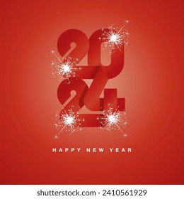 2024 New Year continuous China ribbon. Abstract red flag of China in the shape of 2024 logo with sparkle firework. New Year concept template
