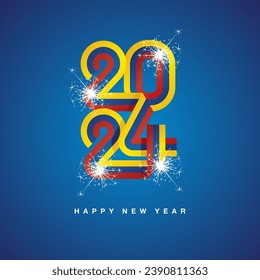 2024 New Year continuous Colombia ribbon. Abstract yellow blue red flag of Colombia in the shape of 2024 logo with sparkle firework. New Year concept template