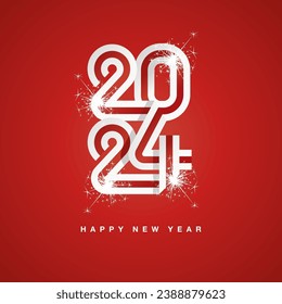 2024 New Year continuous England ribbon. Abstract white red flag of England in the shape of 2024 logo with sparkle firework. New Year concept template