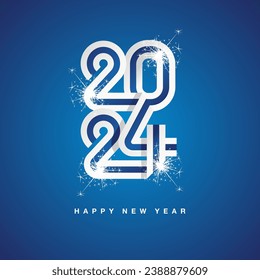 2024 New Year continuous Finland ribbon. Abstract white blue flag of Finland in the shape of 2024 logo with sparkle firework. New Year concept template