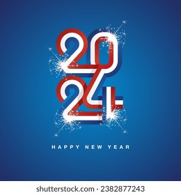 2024 New Year continuous French ribbon. Abstract blue white red flag of Frence in the shape of 2024 logo with sparkle firework. New Year concept template