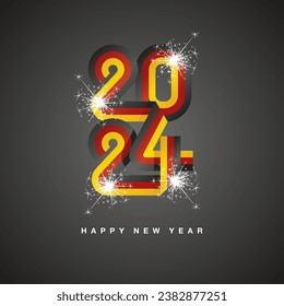 2024 New Year continuous German ribbon. Abstract black red yellow flag of Germany in the shape of 2024 logo with sparkle firework. New Year concept template