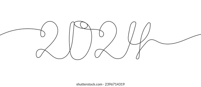 2024 New Year continuous, line numbers vector. Line art 2024 year is shown.