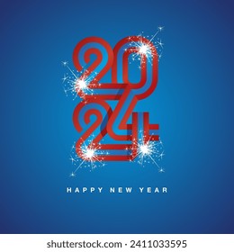 2024 New Year continuous Mongolia ribbon. Abstract red blue flag of Mongolia in the shape of 2024 logo with sparkle firework. New Year concept template