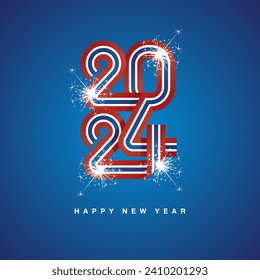 2024 New Year continuous Norway ribbon. Abstract red white blue flag of Norway in the shape of 2024 logo with sparkle firework. New Year concept template