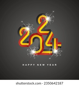 2024 New Year continuous ribbon in the shape of 2024. Abstract blue white red flag of Belgium in the shape of 2024 logo with sparkle firework