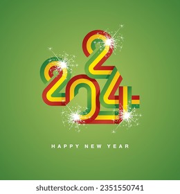 2024 New Year continuous ribbon in the shape of 2024. Abstract green yellow red flag of Ethiopia in the shape of 2024 logo with sparkle firework