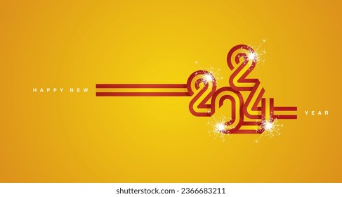 2024 New Year continuous ribbon in the shape of 2024. Abstract red yellow flag of Spain in the shape of 2024 logo with sparkle firework for calendar, banner, poster, social media post