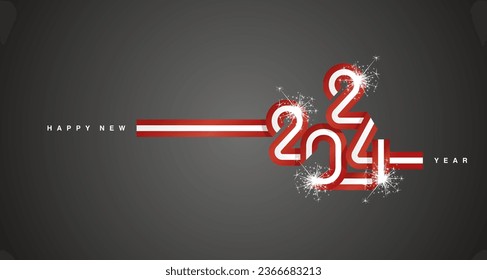 2024 New Year continuous ribbon in the shape of 2024. Abstract red white flag of Austria in the shape of 2024 logo with sparkle firework for calendar, banner, poster, social media post